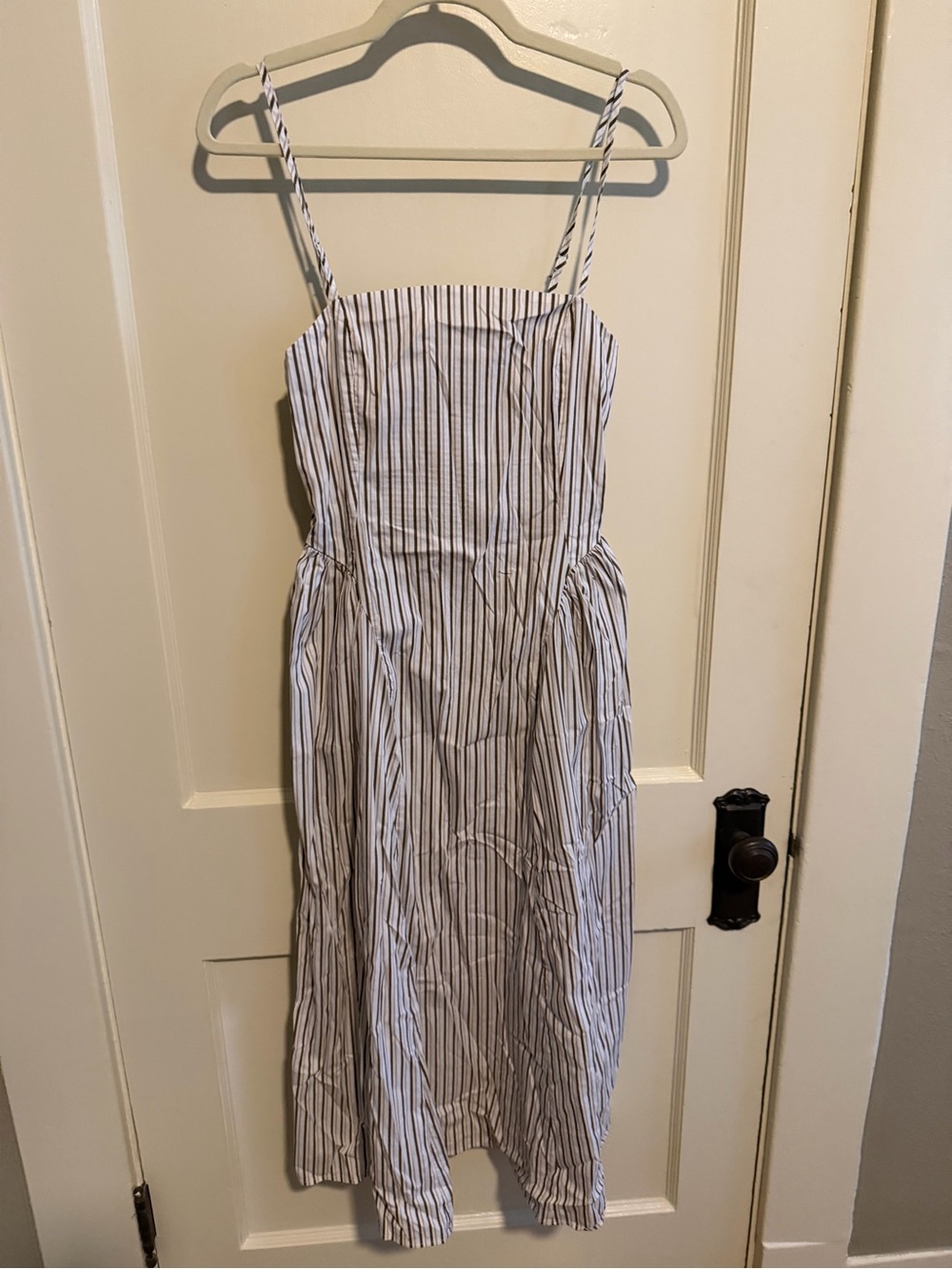 Anthropologie Striped White, Lavender and Brown Sundress with Spaghetti Straps